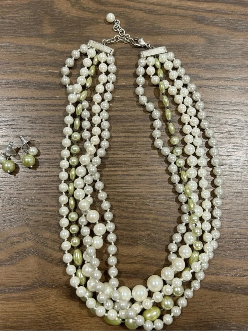 Faux Pearl Matching 5 Strand Necklace 16-18 & Earring Set Silver Tone